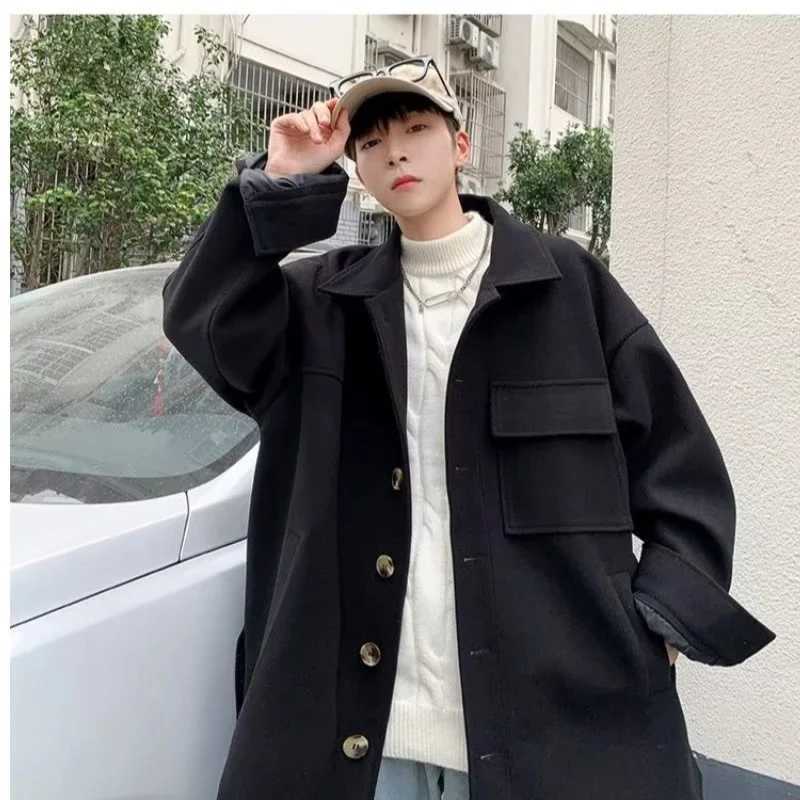 2025 Mens Thickened Mid to Long Woolen Windbreaker for Autumn and Winter Mens Outerwear with a Sense of Fit Youth Woolen Coat XJ250809