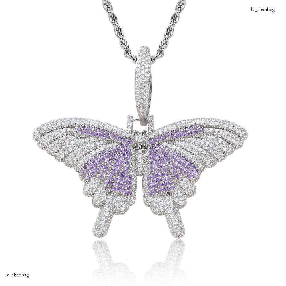 Small Butterfly Pendant Colorful Micro Paved Moissanite chain Personality Trendy Unisex Couple Hip Hop Necklace