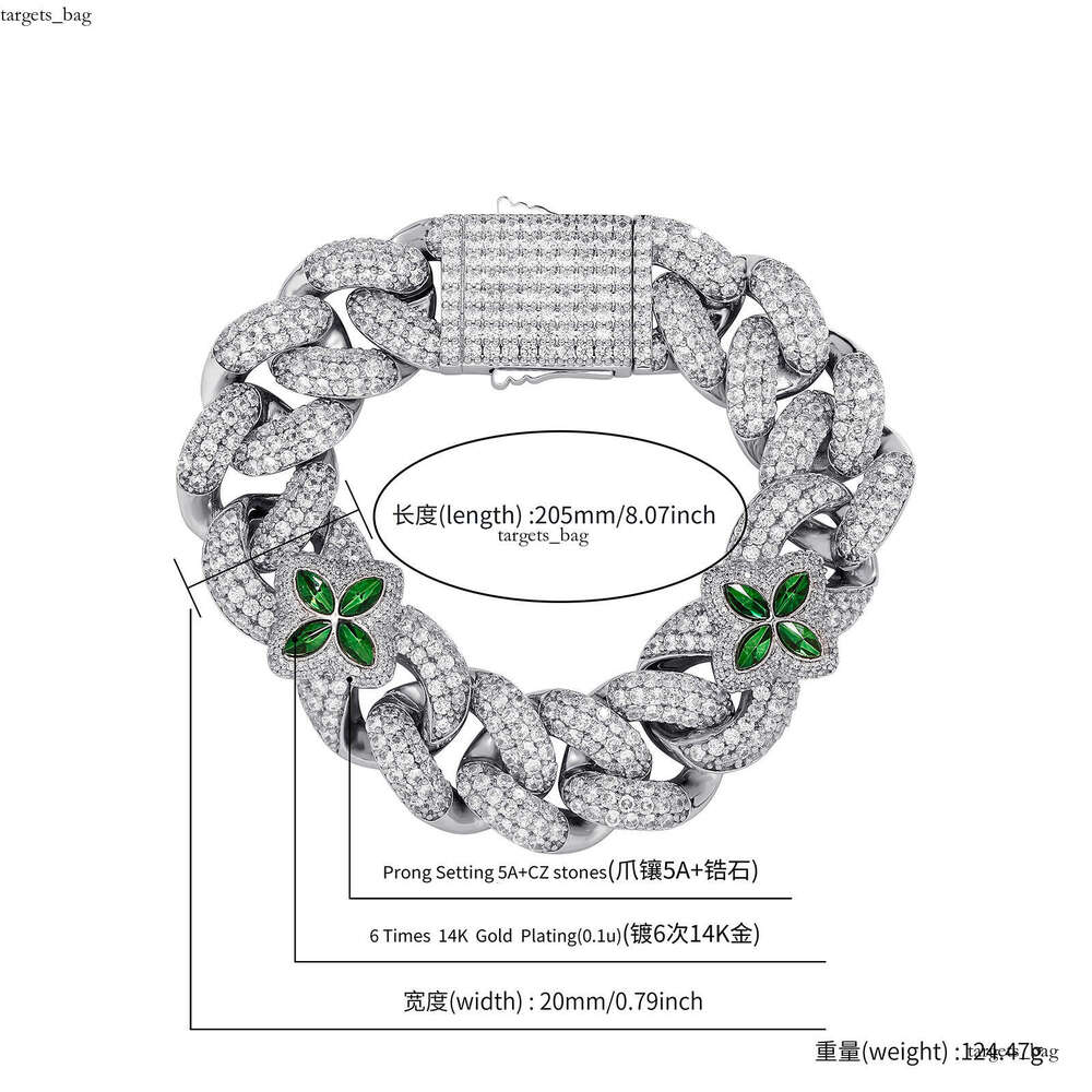 Hip Hop 20mm Four-Leaf Clover Green Personality Cuban Chain Spring Buckle Men's Bracelet