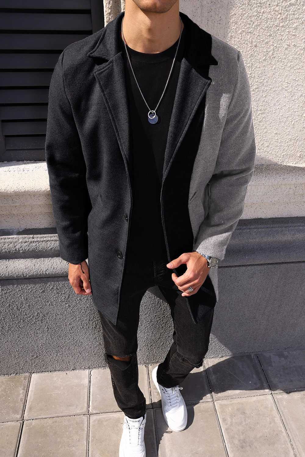 Mens Woolen Jacket Fashionable Versatile Color Block Coat Top XJ250809
