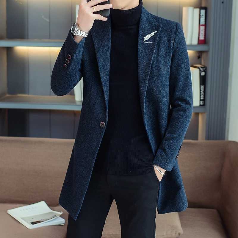2025 Spring Autumn Mens Solid Woolen Coats Slim Fit Mid-Length Trench Overcoat Outerwear Wool Windbreaker Jackets XJ250809