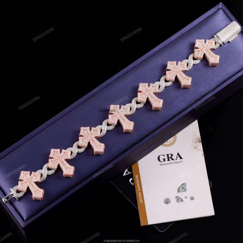 Customized Two Tone Colors Cuban Bracelet S Sier White& Rose Gold Plated VVS Dia Moissanite Hip Hop Cross Bracelets