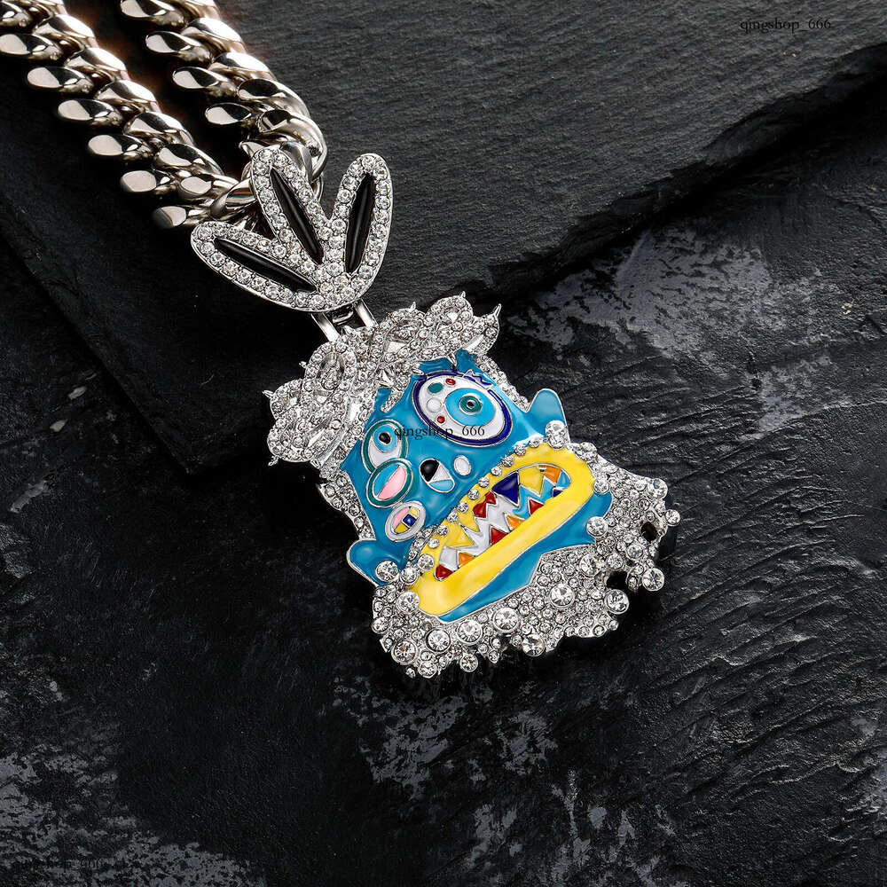 Unique Cartoon Avatar Large Pendant Colorful Enamel Alloy Full Dia Necklace Cool Hip-Hop