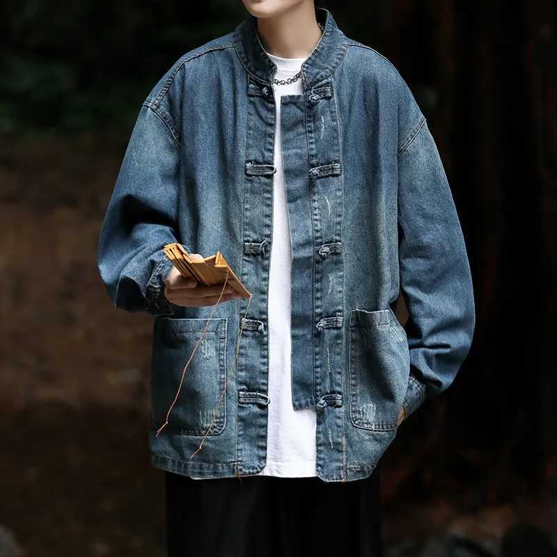 Denim Jackets Mens Jacket Mens Outerwear Autumn Winter Mens Chinese Tang Dress Wash Denim Tops Mens Jacket W250809
