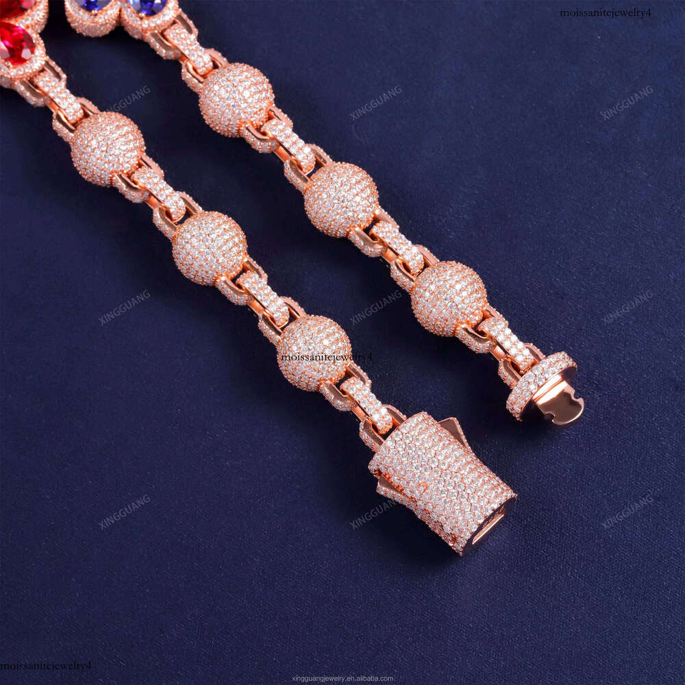 XingGuang Design Mens Hip Hop Ball Chain Rapper Jewelry Sier Iced Out Lab Ruby Sapphire White Moissanite Dia Necklace