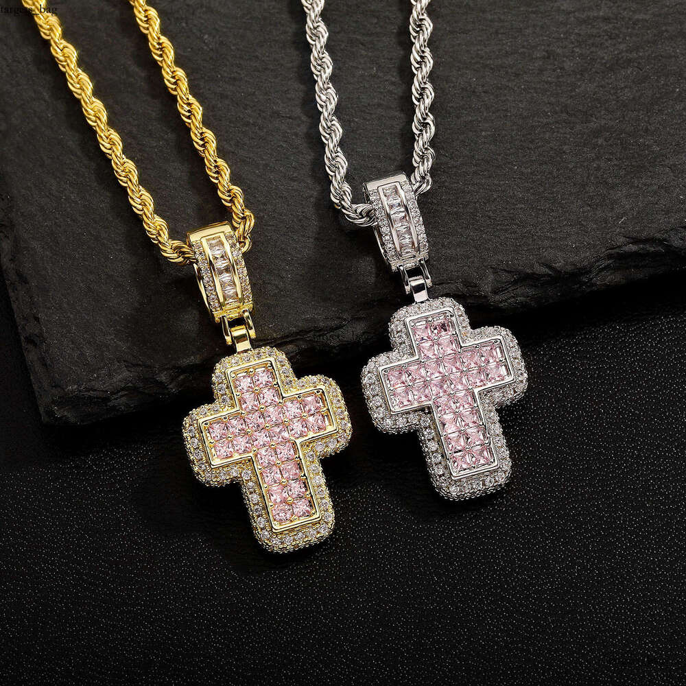 Hip Hop Fashion T Square Moissanite chain Pink Cross Necklace Personality Street Trend Jewelry