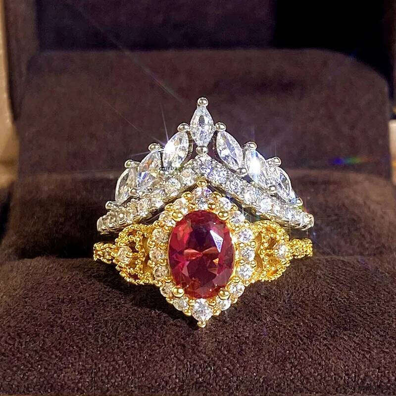 Choucong Brand Wedding Rings Jewelry White Gold Fill Oval Cut Red Garenet Marquise Zircon CZ Dia Court Party Women Couple Crown Ring Set Gift