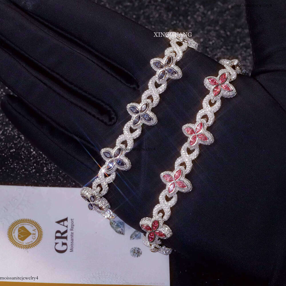 12mm Lucky Clover Gold Plated Sier Hip Hop Iced Out VVS Pink Green Blue Dia Moissanite Bracelet for Gift