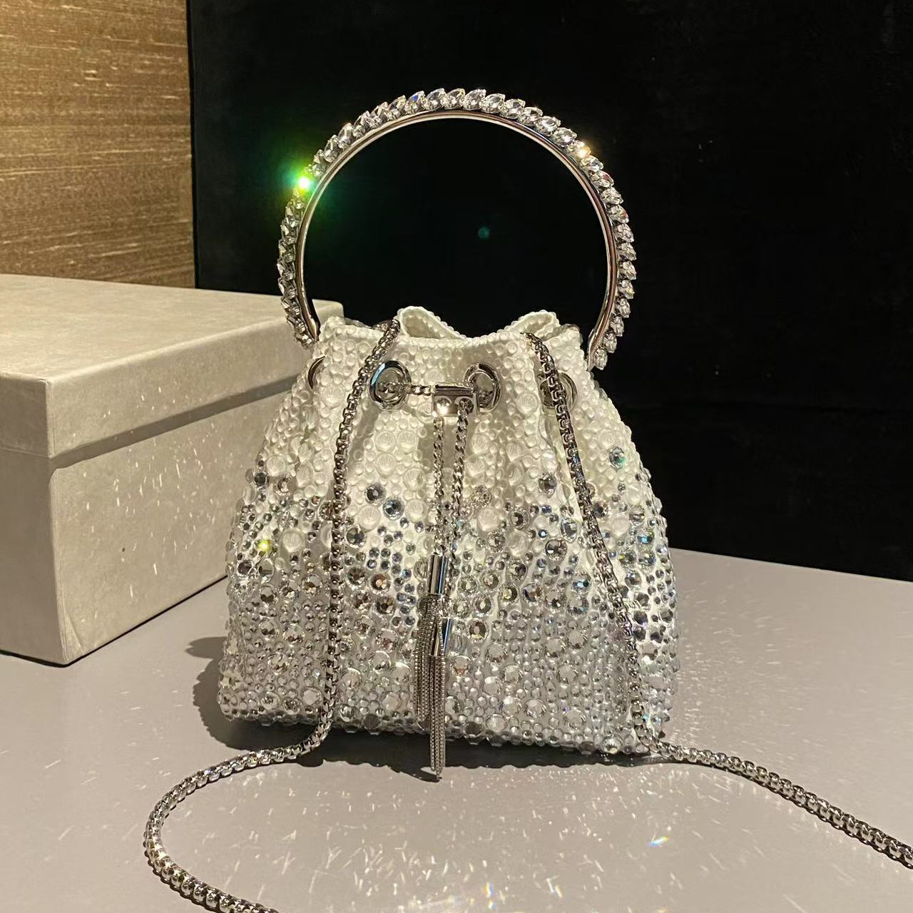bonbon Crystal bag 10a Mirror quality Designer diamond Bag Crystal bucket bag Single shoulder bag handbag messenger bag Genuine Leather Party Clutch for Wedding