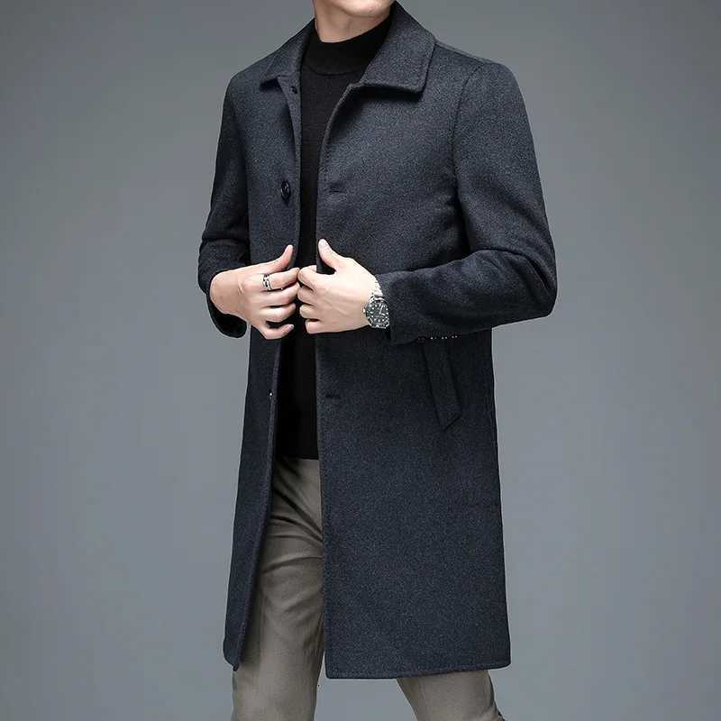 Quiet Luxury Men Wool Blend Overcoat Black Navy Gray Warm Cashmere Coat Back Split Winter Autumn British Style Garment OOTD XJ250809