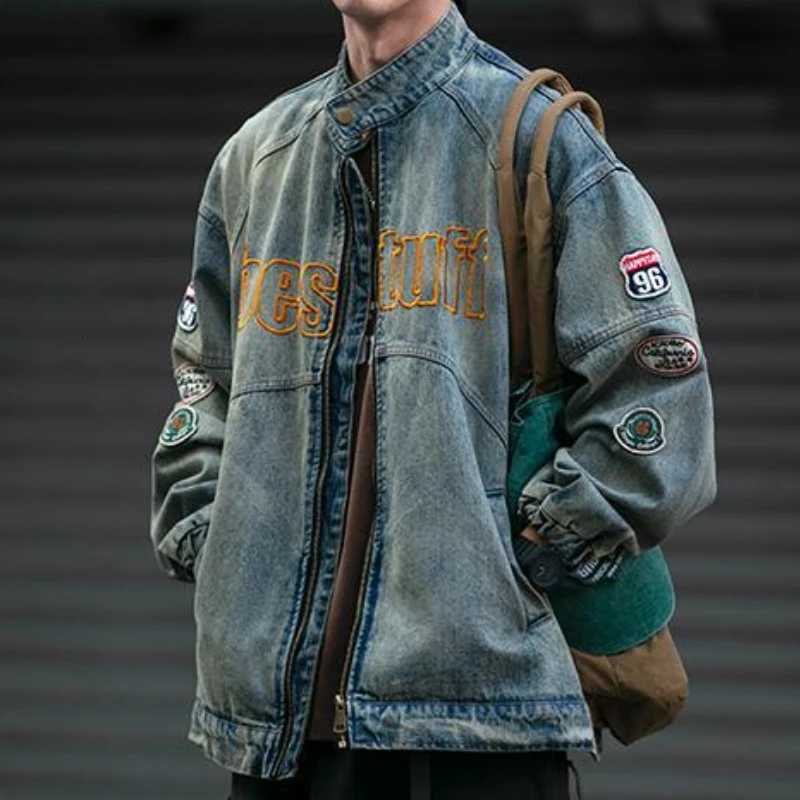 American Retro Denim Jacket Patch Embroidery Motorcycle Distressed Jeans Coat Men High Street Workwear Zipper Stand Collar Top W250809