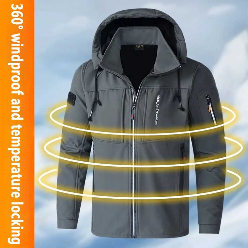 Winter Mens Outdoor Jackets Fleece Lining Windbreaker Waterproof Hiking Warm Jacket for Men Detachable Hat Casual Coats W250809