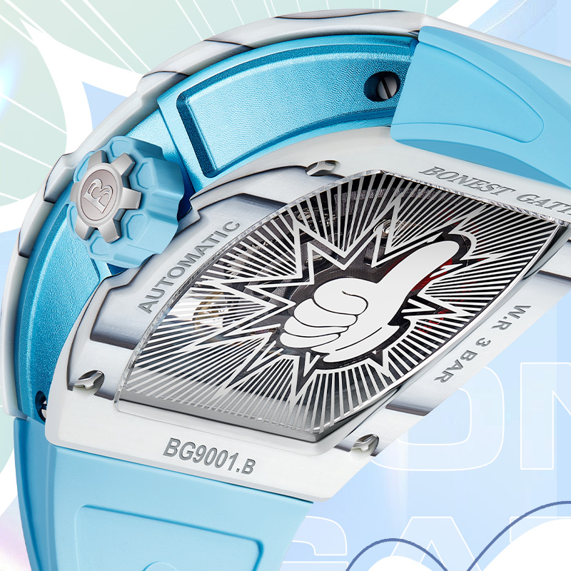 BONEST GATTI Men Automatic Watch 52mm Tonneau Mechanical Wristwatch Carbon Fiber Bezel Sapphire Mirror Luminous 3D Cartoon Dial