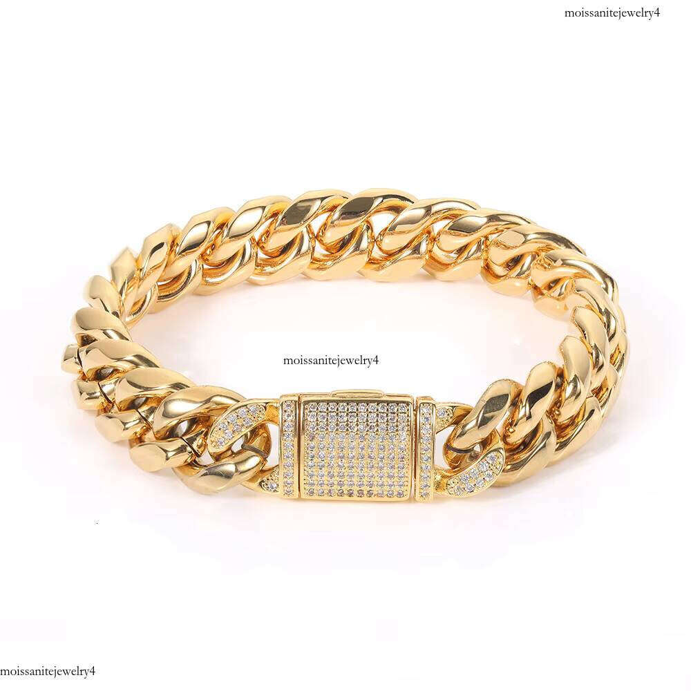 NUOYA Gold Plated Stainless Steel Men's Miami Cuban Chain Necklace 12mm HipHop Full Dia Clasp Fine Jewelry