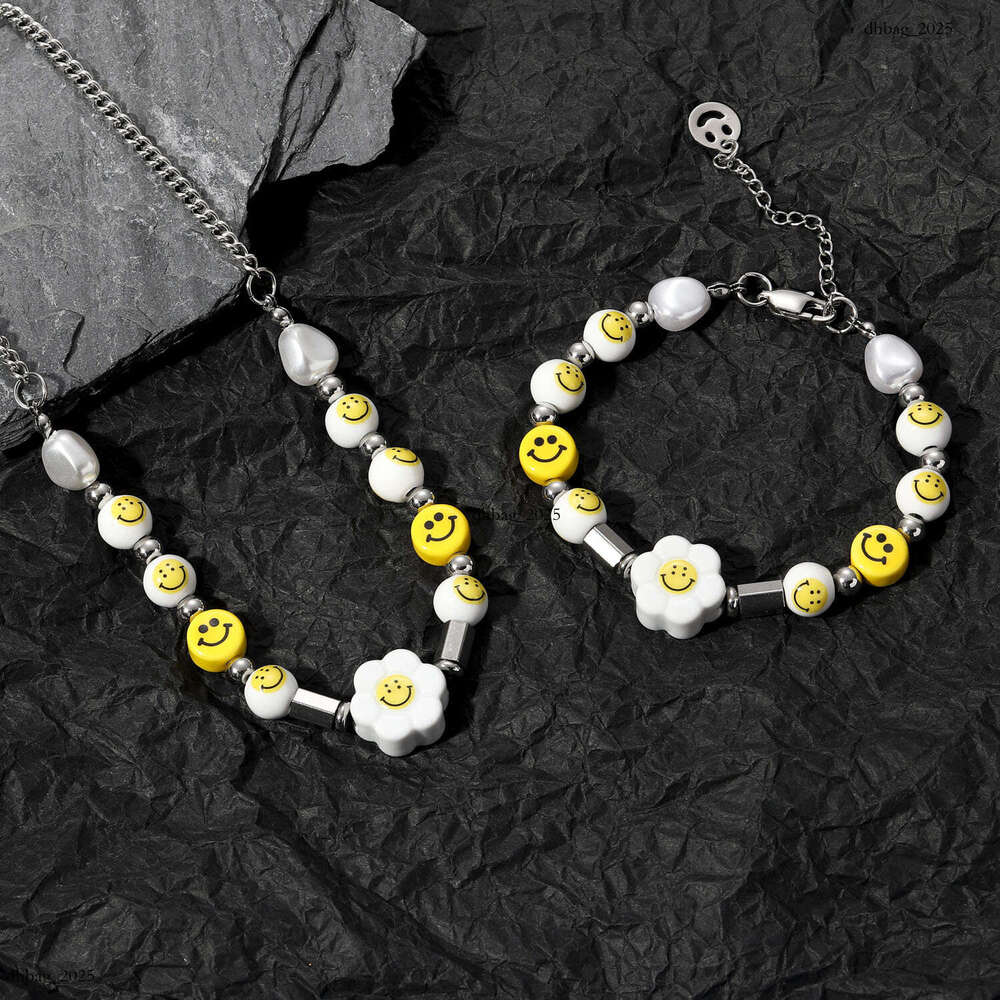 Ins Hip-Hop Sterling Silver Smiley Face Suower Pearl Necklace Unisex Personality Choker Bracelet