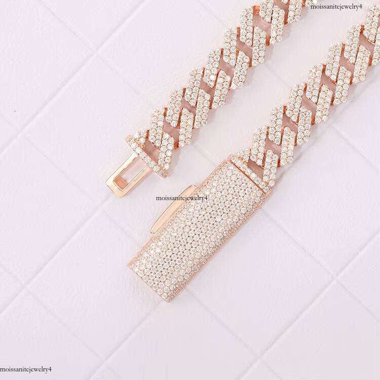 Pink Pure Sier Plated Gold 8mm Wide Handmade Insert 2 Rows Vvs Moissanite Cuban Link Chain