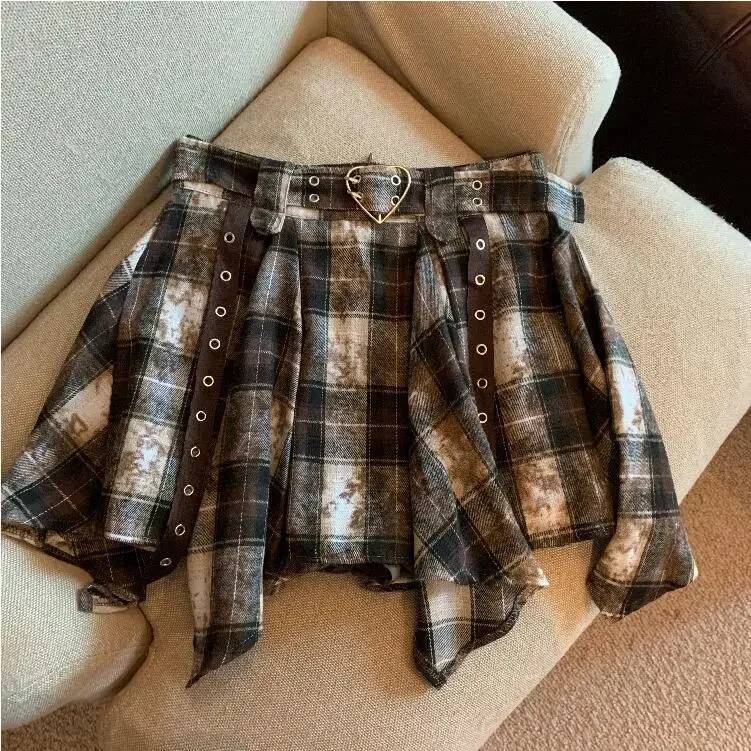 2025 Summer New Women's Punk Checkered Mini Skirt Irregular Handkerchief with Heart Buckle Waist Strap trend Women's Teen Girls Y K Grunge F
