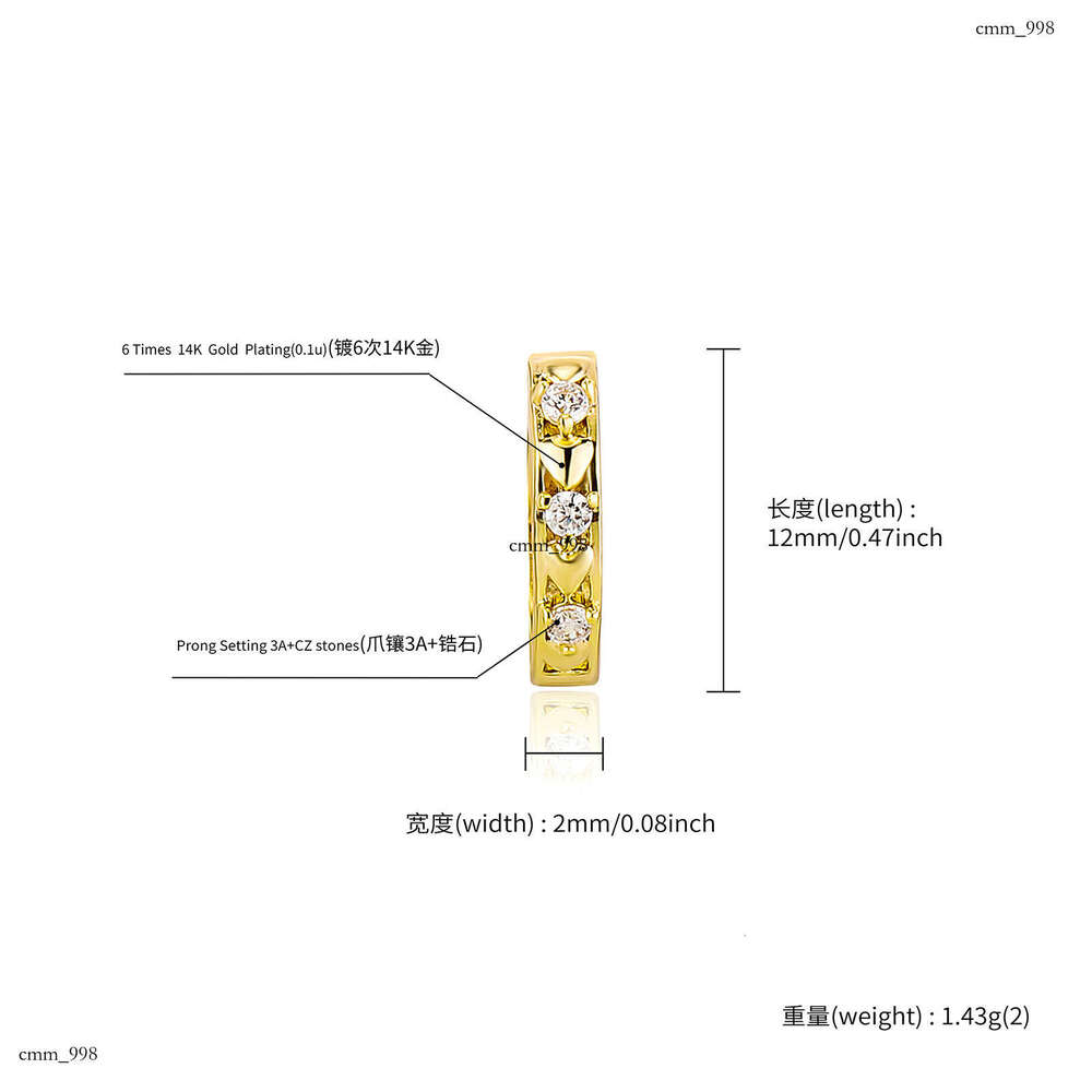 2023 New Heart Single Row Dia Stud for Women Dopamine Temperament Earrings Simple Versatile INS Style Ear Jewelry