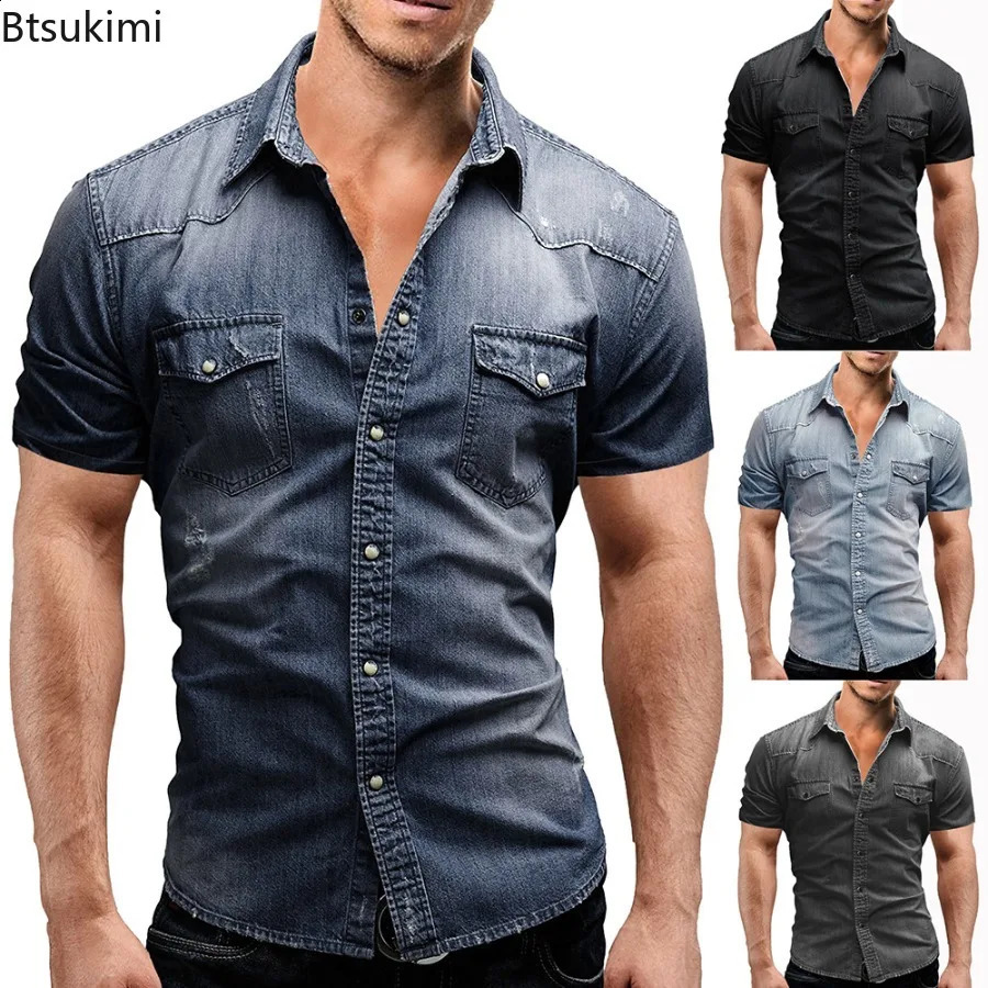 2025 Mens Elastic Slim Denim Shirts High Quality Short Sleeve Casual Cotton Jean Spring Summer Fashion Men Clothing 250805