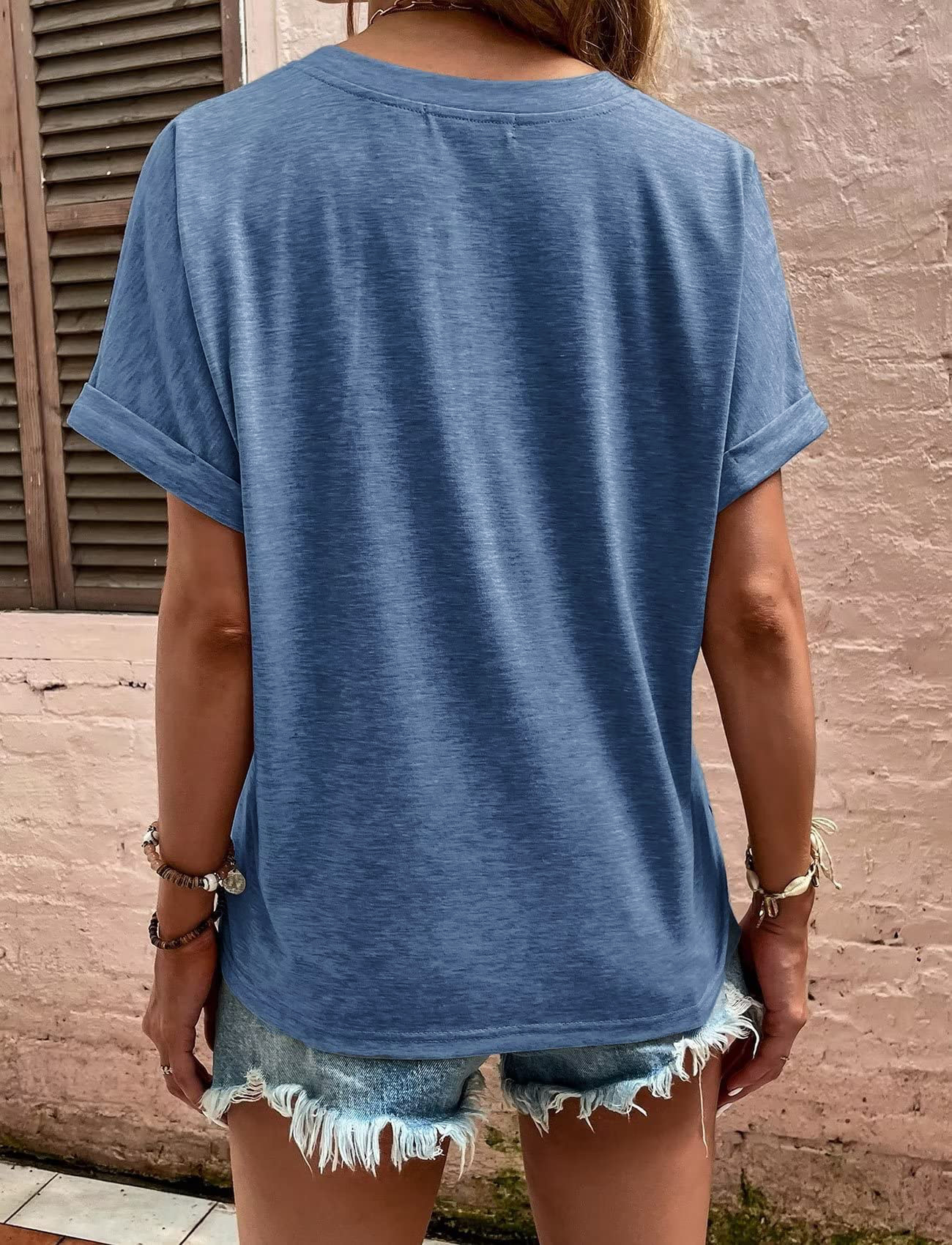 Blue casual style V-neck short-sleeved top