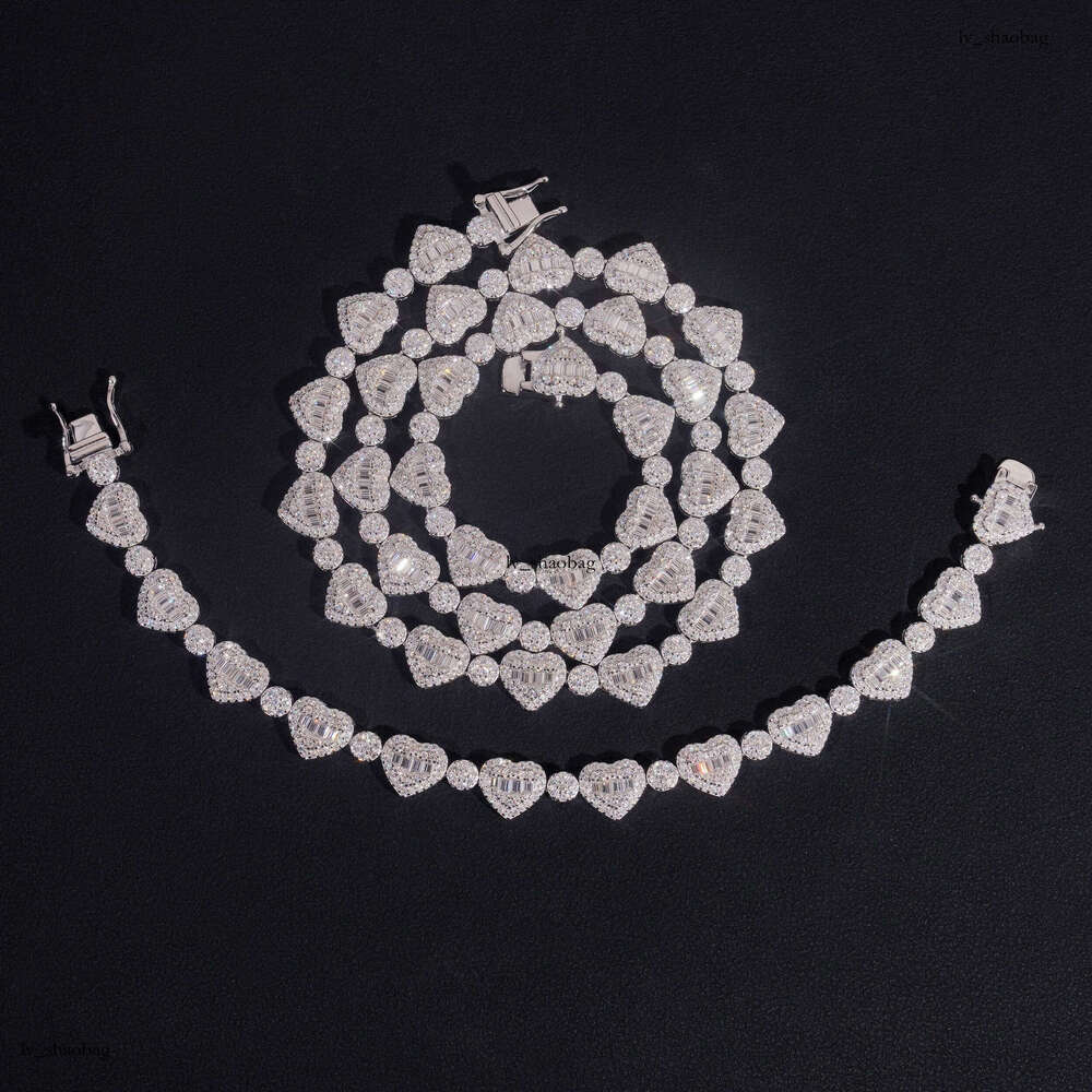 Personalized Hip-Hop Sier Inlaid Moissanite 8.5mm Heart-Shaped Bracelet Necklace Unisex Jewelry