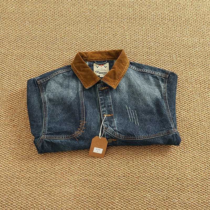 Spring New American Retro Heavyweight Neckline Contrast Color Corduroy Washed Old Cargo Denim Jacket Mens Lapel Casual Coat W250809