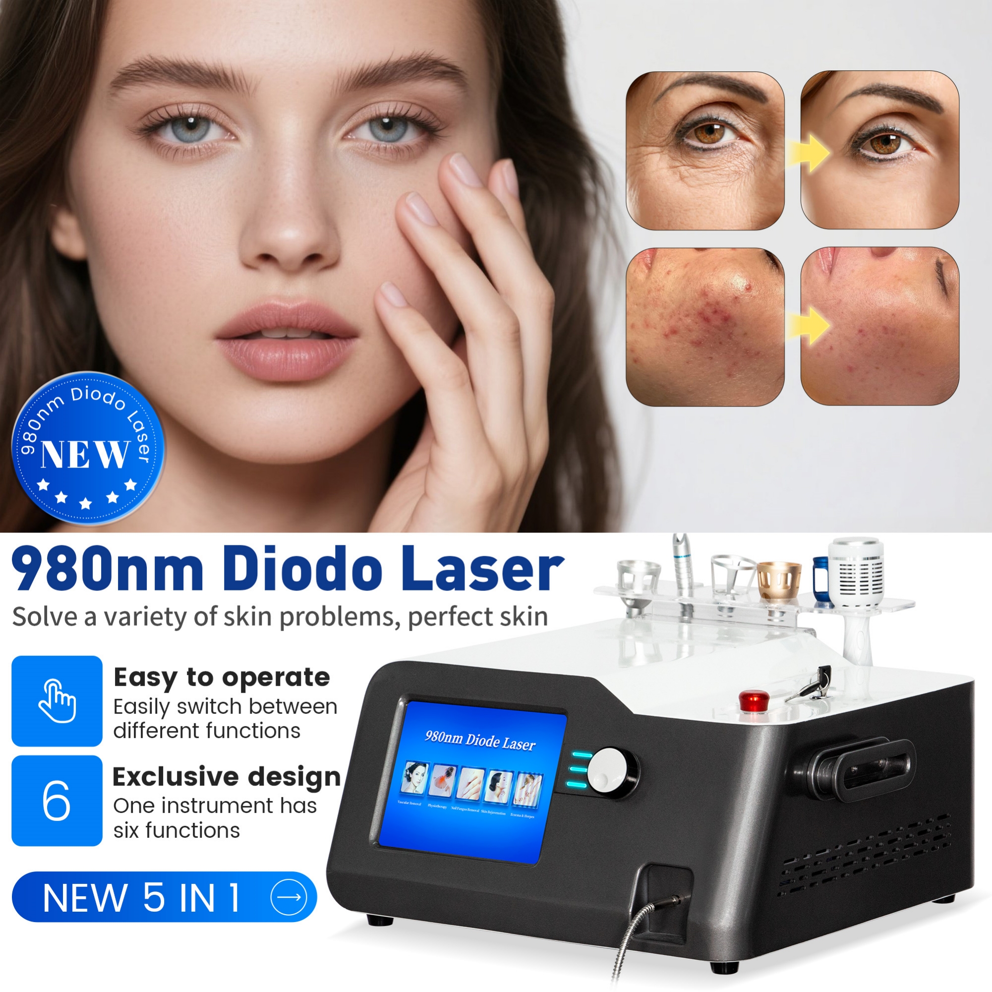 Professional 980nm Laser Vascular Removal Device With Nail Fungus Treatment Skin Tightening Eczema Relief And Cold Hammer For Salon Use