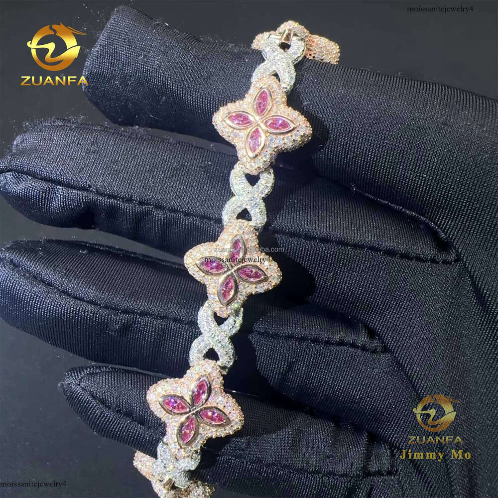 New Design 15mm Marquise Flower Hip Hop Jewelry Icy Pink Chrysolite Infinity Cuban Chain Bracelet