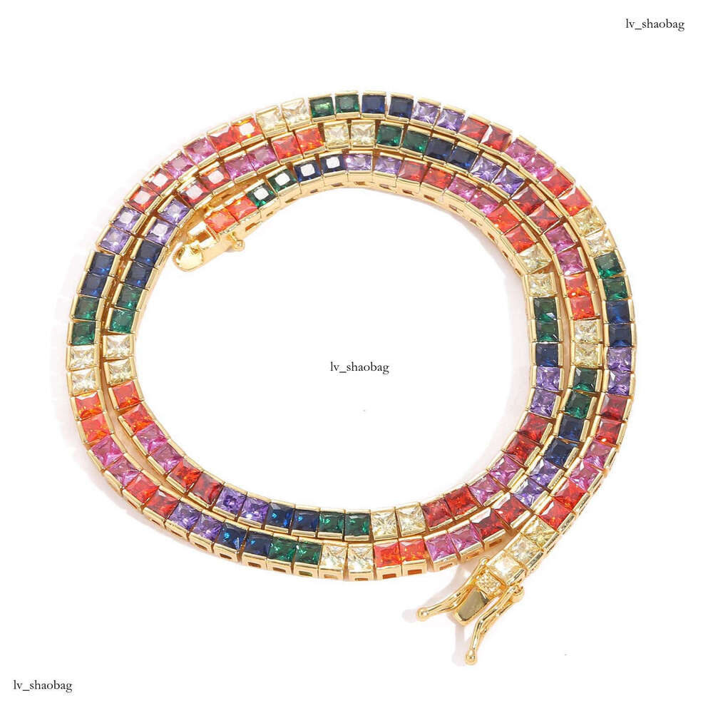 Necklace 4*4mm Colorful Square Moissanite chain Tennis Chain Sterling Silver Inlaid Men's Hip Hop Jewelry