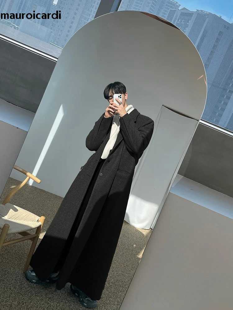 Mauroicardi Autumn Winter Extra Long Warm Black Loose Casual Wool Blends Coat Men Luxury Floor Length Overcoat Korean Fashion XJ250809