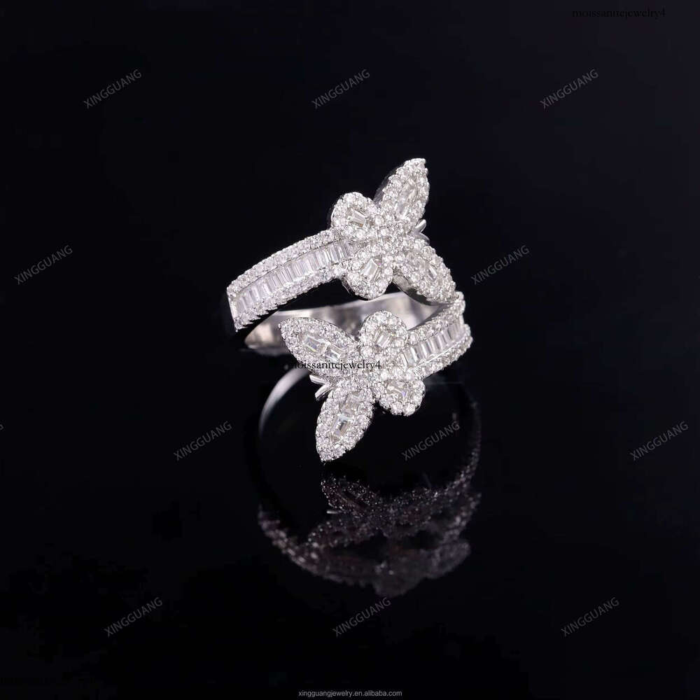 XingGuang Factory Price Sier Butterfly Shape Hip Hop Custom Men Women Iced Out Moissanite Engagement Ring
