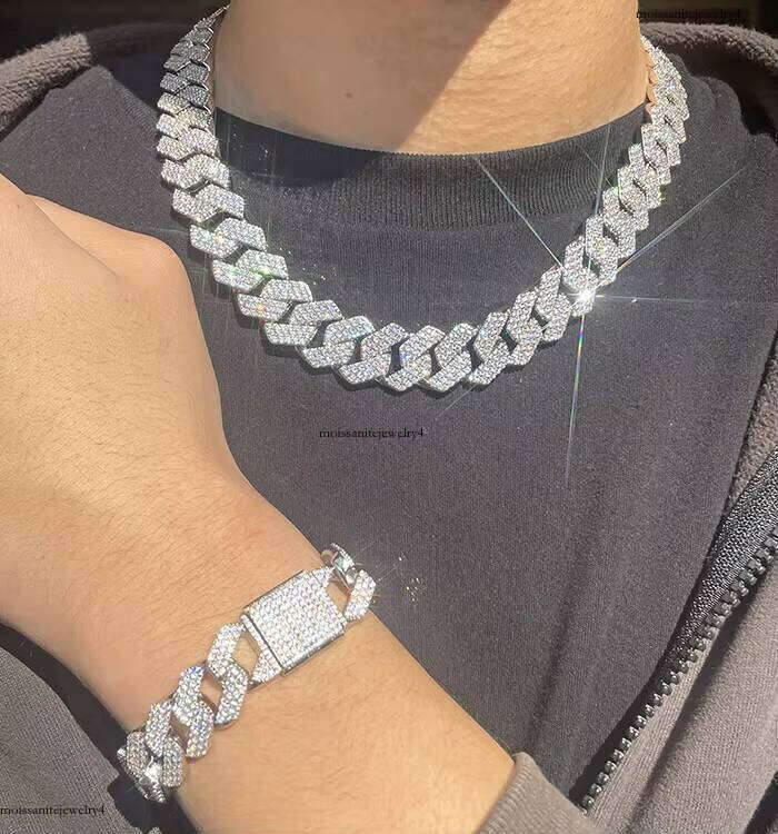 Fashion Design 15mm 18mm Wide 3Rows Moissanite Dia Sier Cuban Link Necklace/bracelet Chain for Rapper Hiphop Jewelry