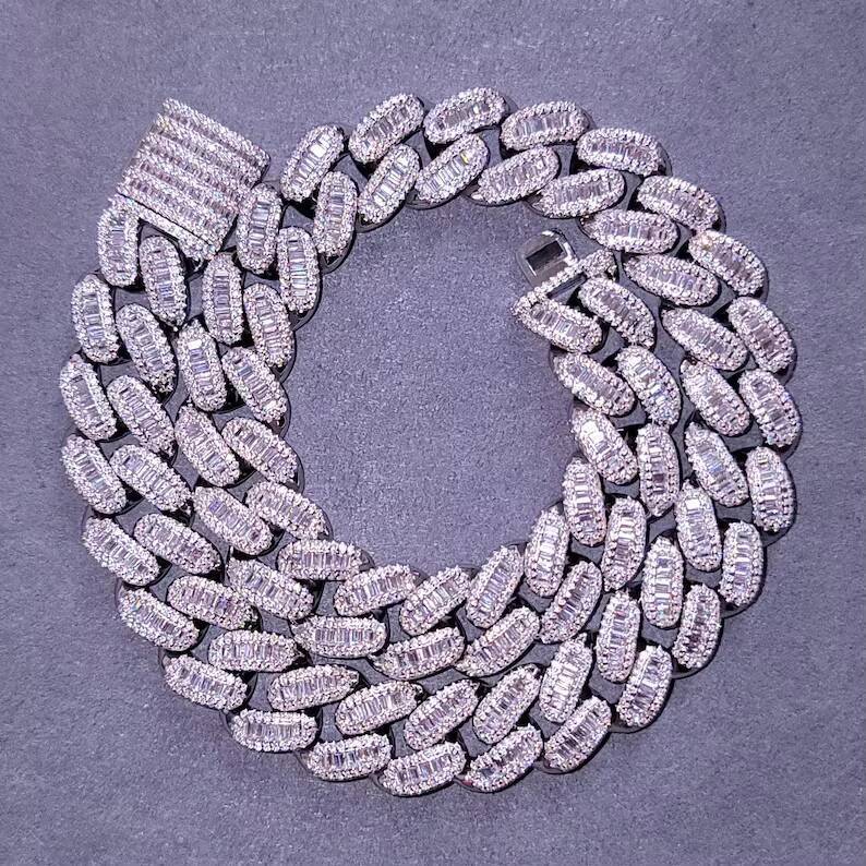 Baguette Cut 14mm Miami Chain VVS Iced Out Diamond Moissanite S925 Gold Plated Hip Hop Jewelry Cuban Link Chain for Men