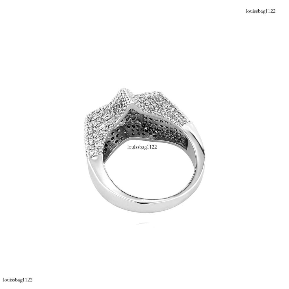 Hip Hop Full Diamond Pentagram Sterling Silver Gold Plated Street Style Personality Fashion Trendy Men's Versatile Ring