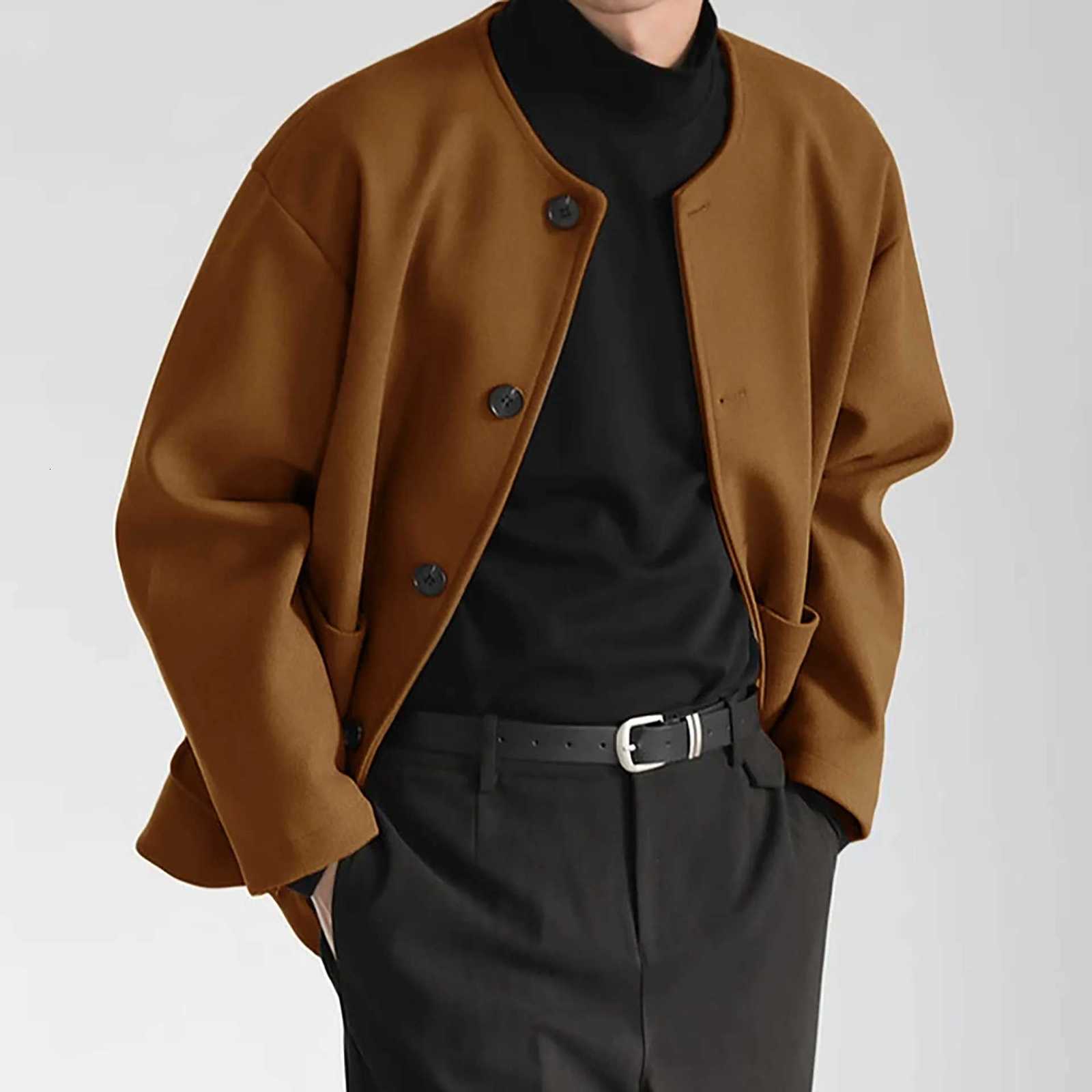 Double-Sided Casual Jacket Design-Sense Collarless Loose Fitted Wool Coat XJ250809