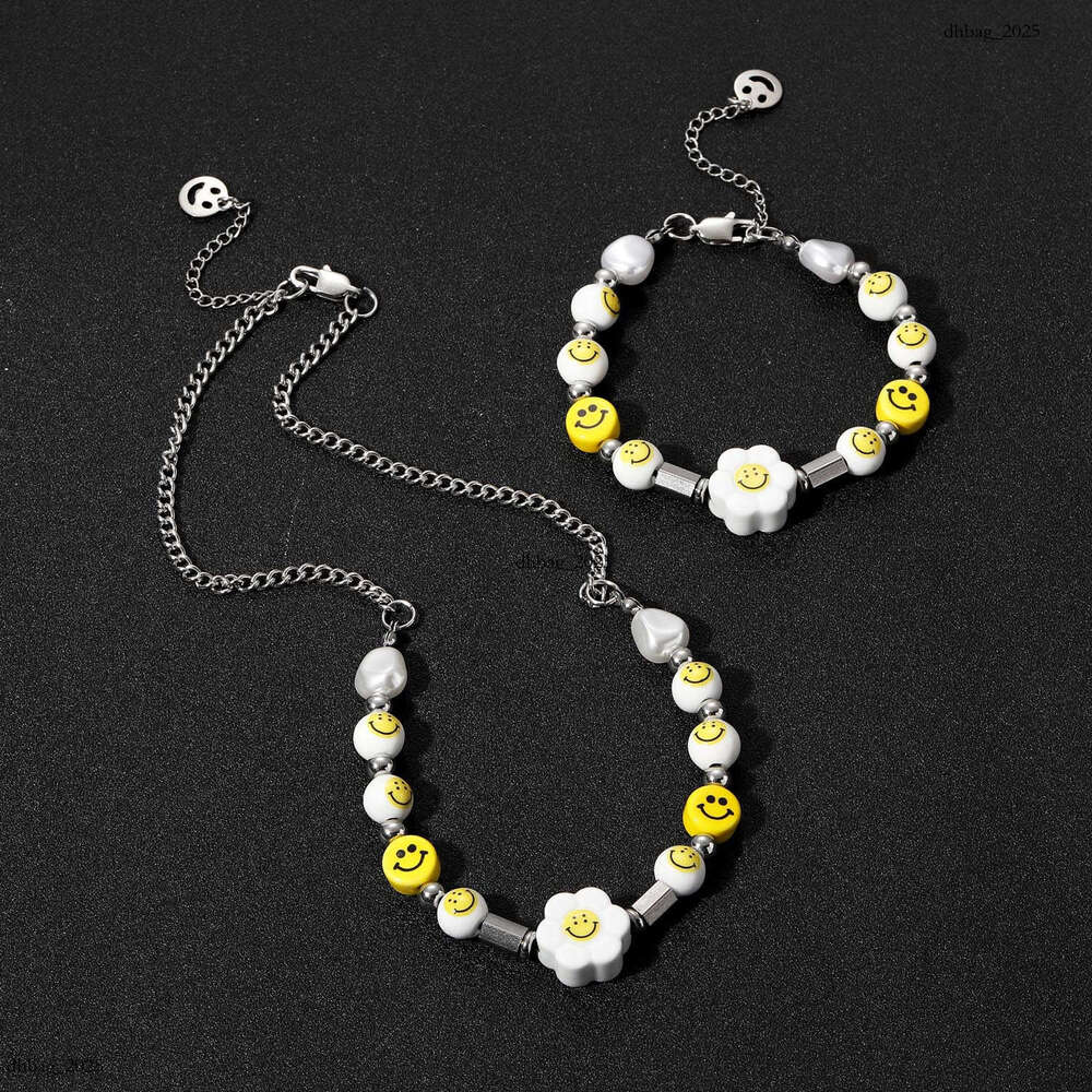 Ins Hip-Hop Sterling Silver Smiley Face Suower Pearl Necklace Unisex Personality Choker Bracelet