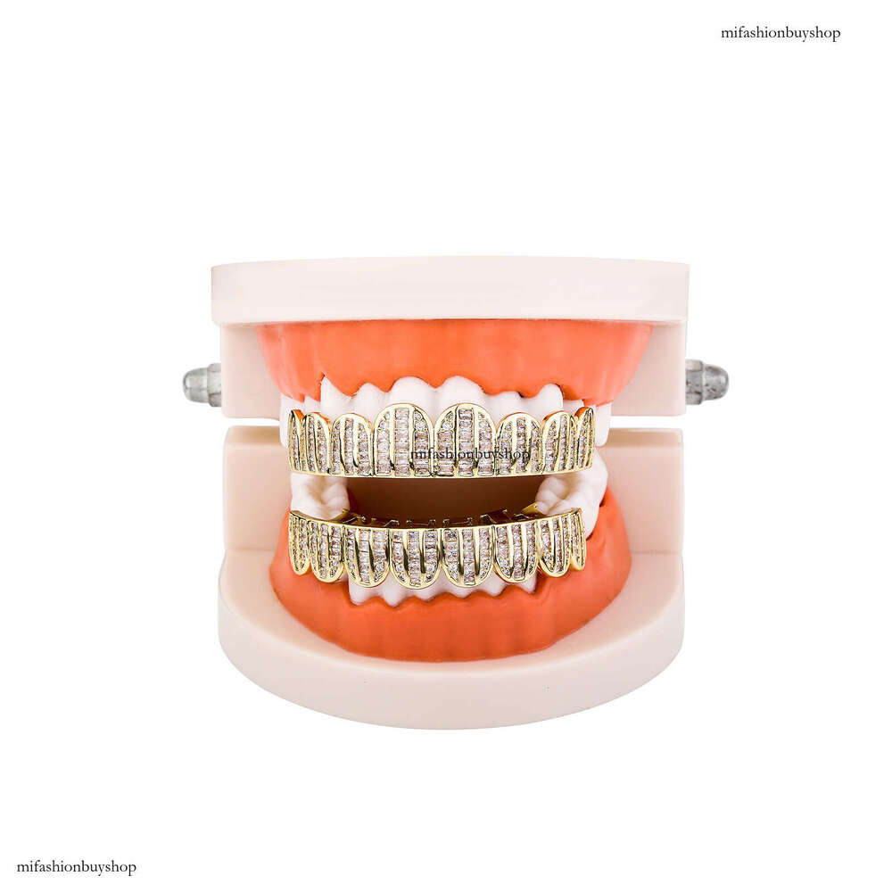 Gold-Plated Square Zircon Full Dia Micro-Inlaid Large Gold Teeth Unisex Hip-Hop Accessories