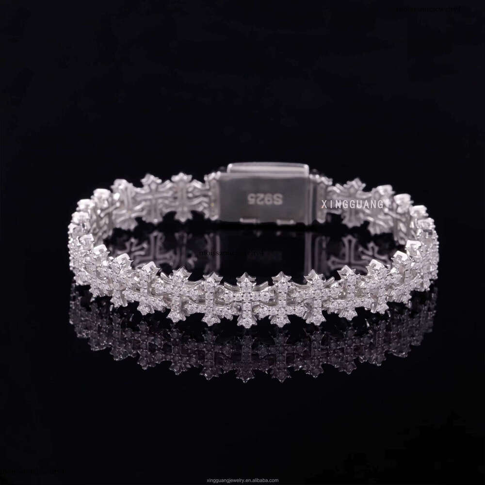 New Arrival 12mm Sterling Sier GRA Certificate Dia Moissanite Cuban Link Cross Bracelet