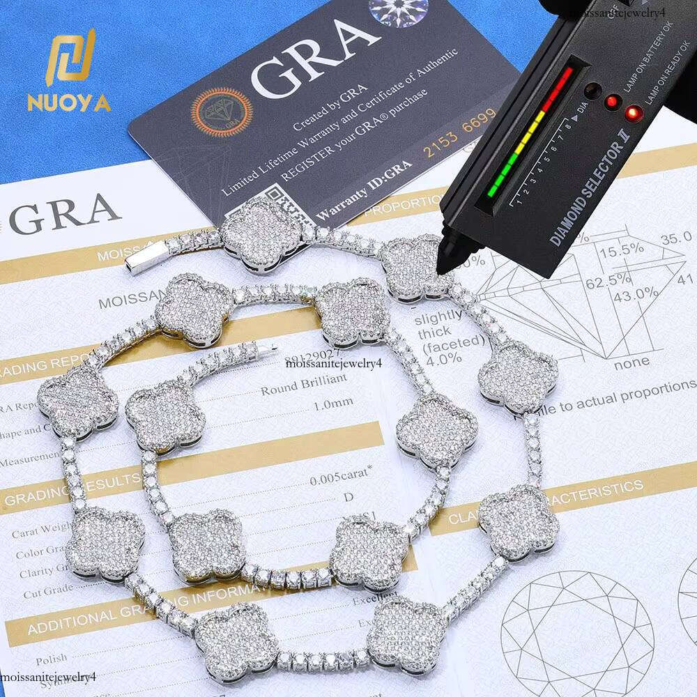 NUOYA Hip Hop Fine Jewelry Sterling Sier Four-Leaf Clover White Gold VVS Moissanite Tennis Chain Bracelet for Women Gift