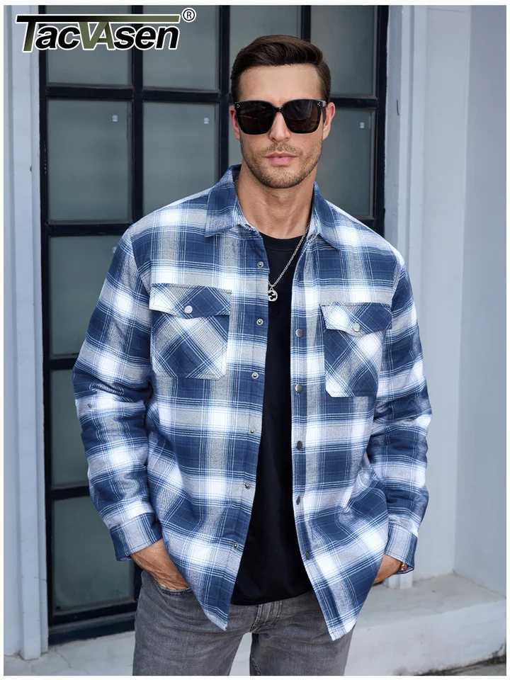 TACVASEN Winter Plaid Cotton Jackets Mens Long Sleeve Quilted Lined Flannel Shirt Jacket Multi-Pockets Outwear Hiking Coats Tops W250809