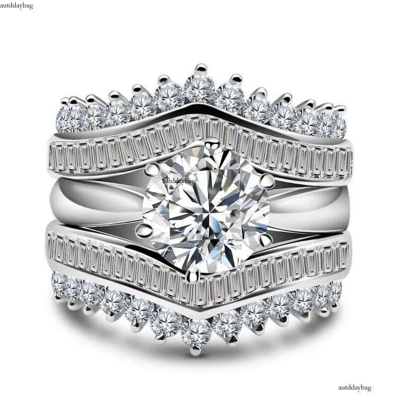 2024 Handmade Popular Wedding Rings Jewelry Sterling Sier Fill Round Cut 5A Cubic Zircon CZ Dia Gemstones Party 3pcs Women Bridal Ring Set Gift