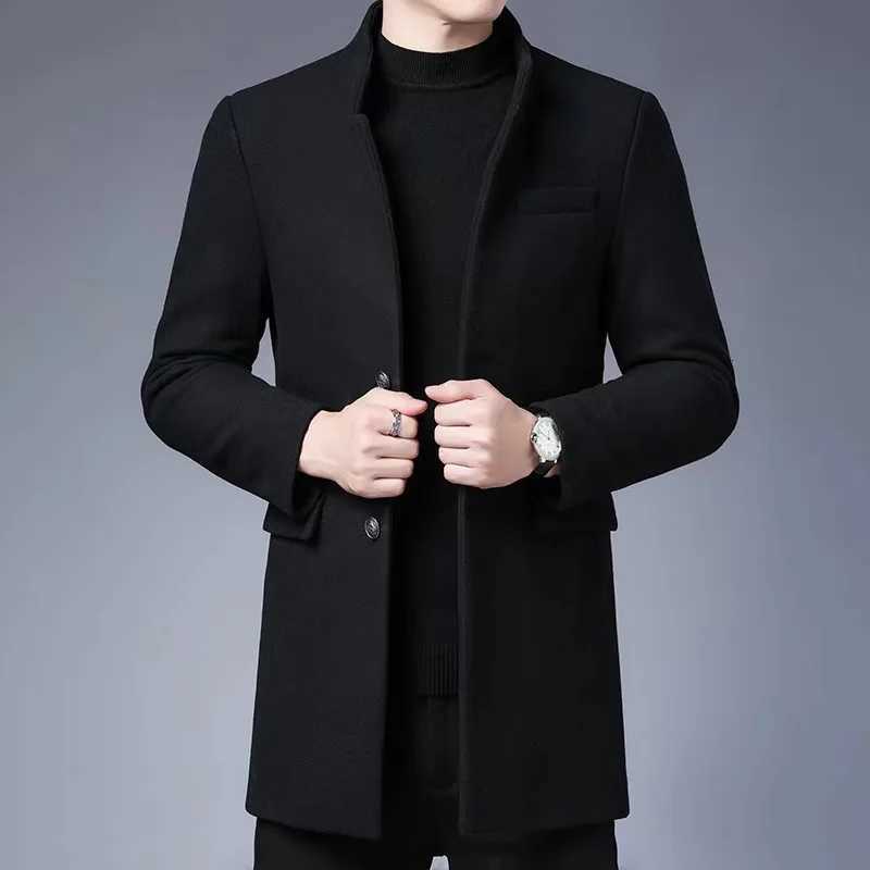 4XL Mens Fake Wool Blend Trench Coat Winter Warm Slim Fit Single Breasted Long Top Coat Casual Streetwear Autumn Clothing Man XJ250809