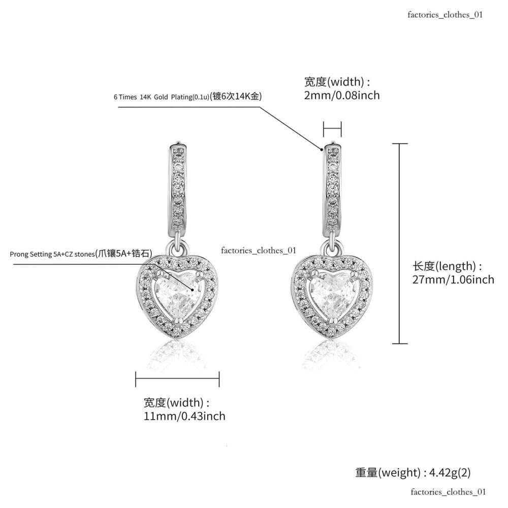 Minimalist Heart Zircon for Women, Unique Sterling Silver Micro-inlaid Zircon, Gold-plated Round Dia Earrings