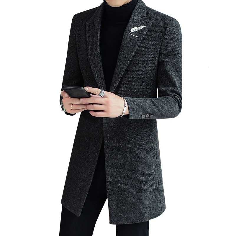 2025 Spring Autumn Mens Solid Woolen Coats Slim Fit Mid-Length Trench Overcoat Outerwear Wool Windbreaker Jackets XJ250809