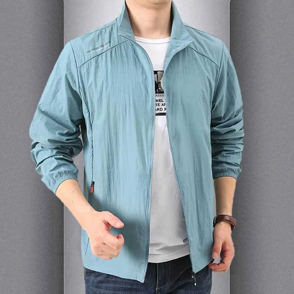Men Summer Jackets Casual Lapel Long Sleeve Solid Color Male Sun Coat Loose Fit Zipper Placket Windproof Men Outerwear for Outdoor W250809