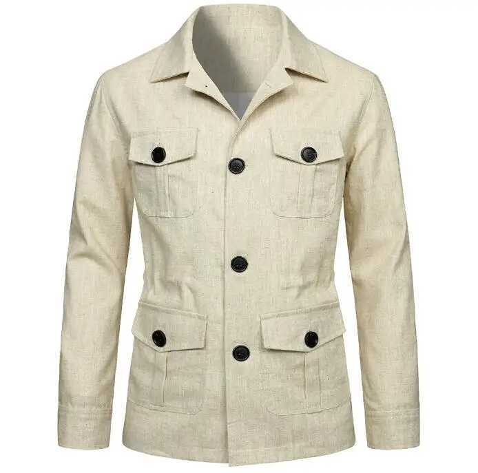 100% Cotton Linen Cargo Jackets Men Multi Pockets Outdoor Jacket Safari Jacket Streetwear Work Outwear 4 Colors Size M-5XL W250809