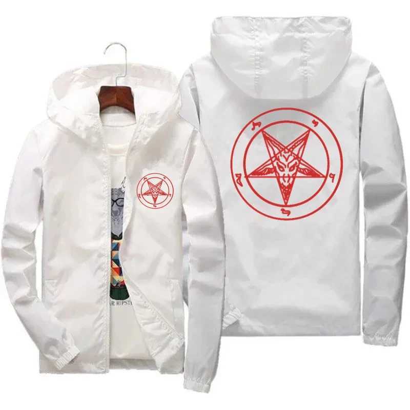 Mens Pentagram Men Church of Satan Baphomet Knights Templar Pentagram Thin Hooded Windbreaker T-Shirt Coat Pilot Jacket 7XL W250809