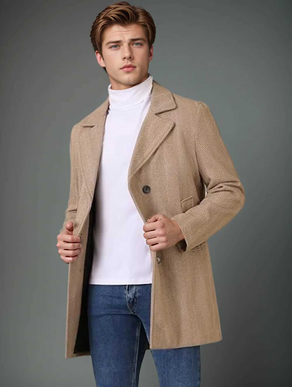 Cross-border New Mens Mid-Length Wool Coat Plus Cotton Thickened Autumn and Winter Mens Plaid Double-Breasted Wool Coat Jacket XJ250809