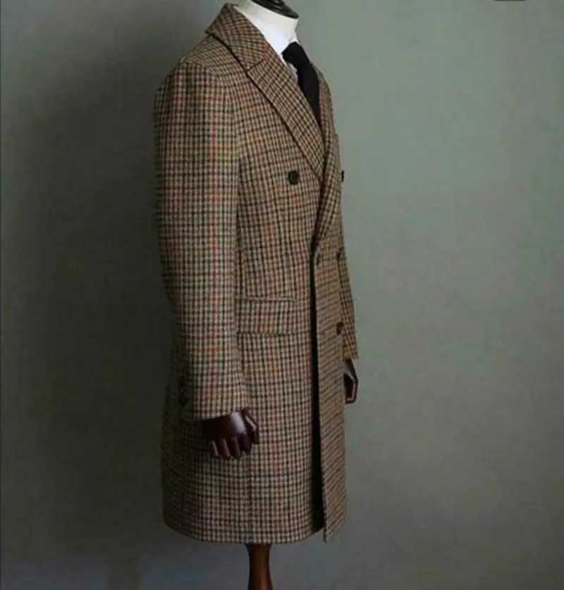 Autumn and Winter Men Wool Brown Houndstooth Overcoat Double-Breasted Peak Lapel Warm Long Coat Formal Men Clothing XJ250809