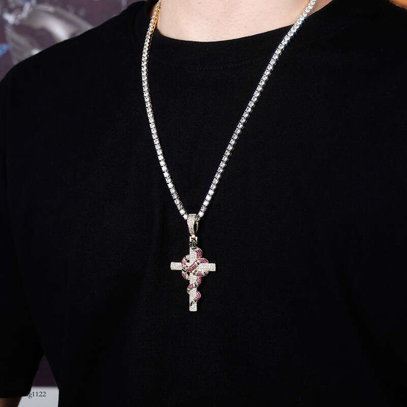 Cobra Cross Pendant Real Gold Plated Full Moissanite chain Men's Necklace Jewelry